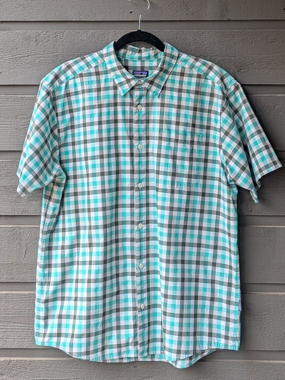 Patagonia Men's Fezzman Shirt Organic Cotton Green Gray White Plaid Large